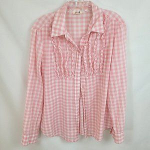 Seven7 Size Large Pink Plaid Button Down Shirt Blouse Ruffles Tab Sleeves
